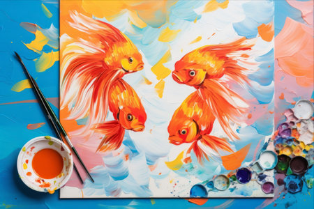 Vibrant Aquatic Masterpieces: Unleashing Creativity with Gouache Paints on an Orange Canvasの素材