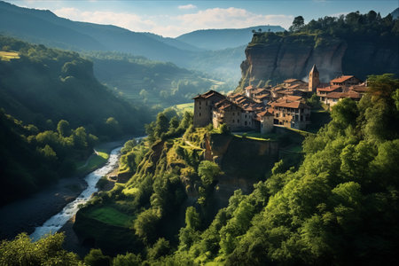 Captivating Landscape: The Valley near the Enchanting City of Rupit Explored in a Beautiful 3:2 Compositionの素材