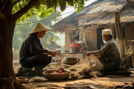 Nostalgia and Tradition: Old Fishermen Mending Nets in the Serenity of Bamboo Treesの素材