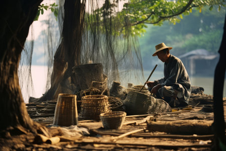 Beneath the Bamboo Canopy: Traditional Fishermen Mending Nets in Vietnamの素材