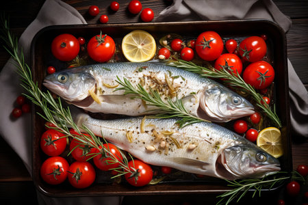 Bountiful Baked Trout Delight: A Scenic Aerial View of Freshly Spiced Fish, Cherry Tomatoes, and Aromatic Fennel Fusionsの素材