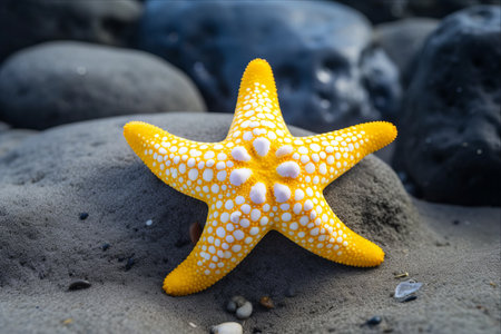 Dazzling Ocean Encounter: Captivating Yellow and White Dot Starfish Awash in the Sea's Majestyの素材
