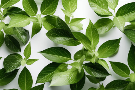 The Vibrant Contrast: Green Leaves on the White Canvasの素材