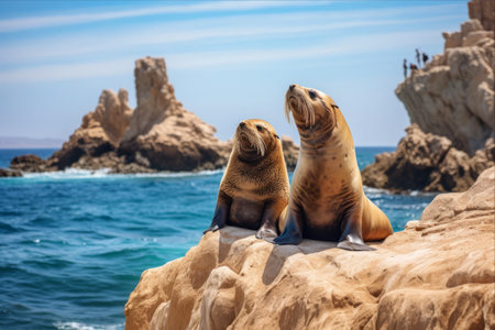 Tranquil Scene: Resting Sea Lions at Pinnacle Rock, Lands End, Cabo San Lucas, Baja Mexico BCSの素材