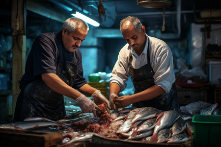 Scaled for Success: Two Fish Shop Sellers Skillfully Clean Fish in 3:2 Aspect Ratioの素材