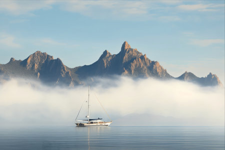 Majestic Morning Serenity: A Breathtaking View from Sea to Mountain Islands, Luxury Yacht, and Misty White Clouds - Captured in AR 3:2の素材