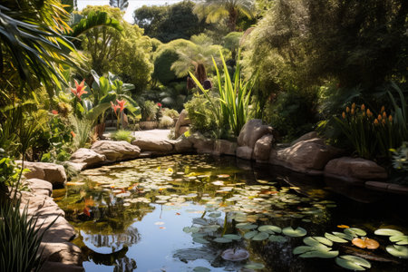 Immersive Serenity: Exploring the Vast Fish Pond Enveloped by Lush Greenery - AR 3:2の素材