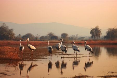Awe-Inspiring Painted Storks: A Scenic View from a Bhopal Lake in Madhya Pradesh, Indiaの素材