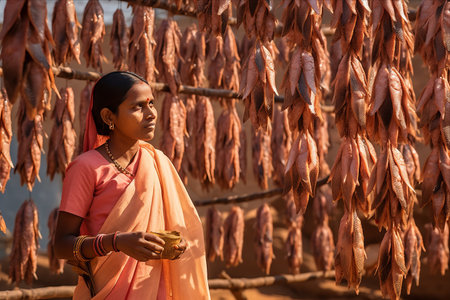 Captivating Scene in Udvada, India: Observing an Indian Woman Tending to a Rack of Drying Fish - AR 3:2の素材