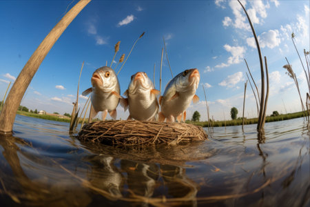 Capturing the Joy of Village Fishing: Three Ruffs and a Ledgering Rod in Focus - The Sky as a Serene Backdrop with a Fisheye Lens (ar 3:2)の素材