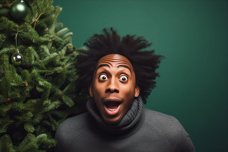 Festive Laughter: A Christmas Tree Experience with a Comical Twist by a Young African American Manの素材