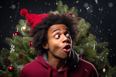 Happy Holidays with a Twist: Young African American Man Strikes a Hilarious Pose Beside a Christmas Treeの素材
