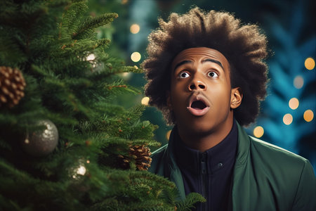 A Playful Twist: African American Man Puts on a Hilarious Fish-Face Pose Next to a Festive Christmas Treeの素材
