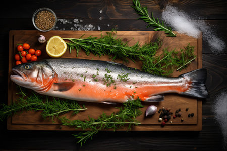 Artfully Displayed: Whole Uncooked Raw Sea Salmon on a Herb-laden Wooden Board, against a Striking Black Background - A Captivating 3:2 Aerial Perspectiveの素材