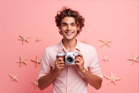 Capturing Atypical Beauty: A Young Man Embraces Nature's Marvel with Camera and Starfish on Pink Backgroundの素材