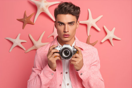 Capturing Nature's Unique Beauty: Young Man's Encounter with a Starfish through the Lens --ar 3:2の素材