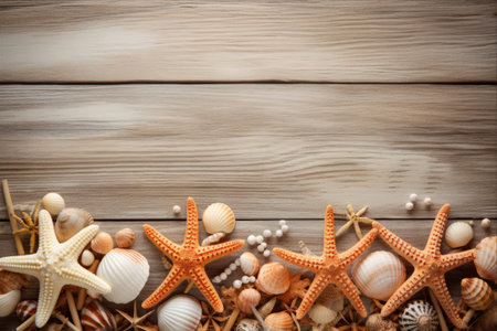 Seashore Symphony: Introducing Vertical Shooting Starfish and Shells on Wooden Backgroundの素材