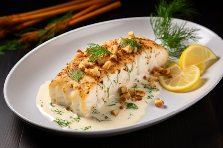 Savor the View: Exquisite Walnut-Crusted Halibut in Lemon Wine Sauce Temptingly Adorned with Dill and a Citrus Twistの素材