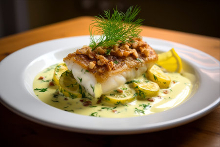 Savory Lemon Wine Sauce, Fresh Dill, and Zesty Walnut-Crusted Halibut: A Delectable Side View of Baked White Fishの素材