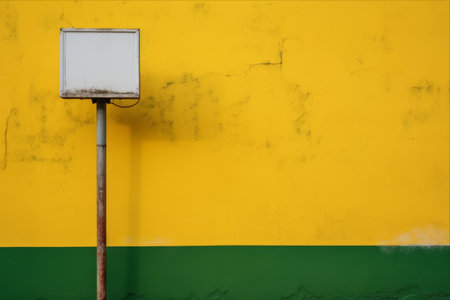 Vibrant Green Sign Pops Against Yellow and Gray Wall - AR 3:2の素材