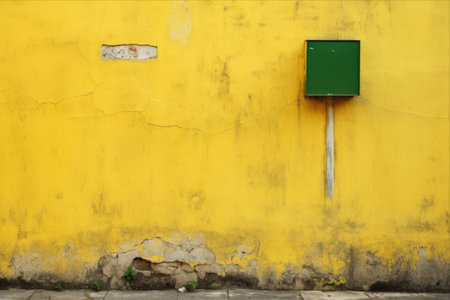 The Vibrant Contrast: Discover the Green Sign on a Wall of Yellow and Gray -AR 3:2の素材