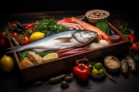 Exquisite Spanish Fish and Seafood Delicacies Presented in a Rustic Wooden Box on a Polished Black Stone Table --ar 3:2の素材