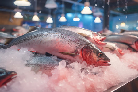 Fresh Trout Fish on Ice: A Captivating Sight at the Supermarket Storeの素材