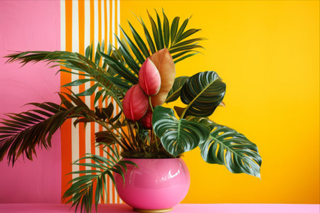 Tropical Green Delights Amidst Vibrant Pink and Yellow Interior Paradise -- AR 3:2の素材