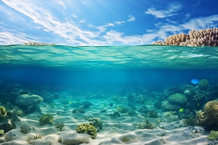 Immersive 3:2 Split View of Underwater Coral Reef Seabed, Waterline Dividing Horizon and Surfaceの素材