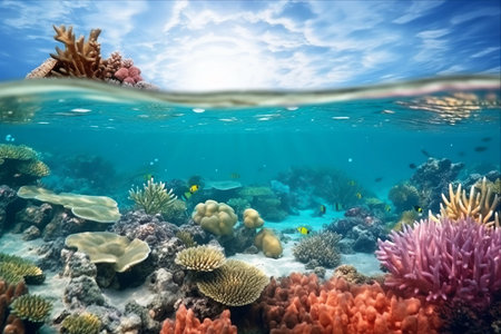 Exploring the Mesmerizing Depths: Captivating Underwater Coral Reef with a Splendid Horizonの素材
