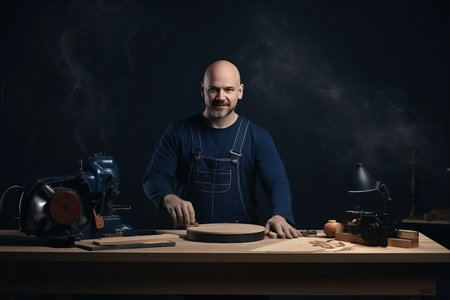 The Skilled Craftsman: Exploring the World of a Bald Man's Woodworking Artistry in a Carpentry Workshopの素材
