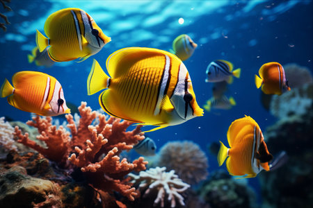 Captivating Underwater Portrait: Vibrant Coral Reef and Enchanting School of Masked Butterfly Fishの素材