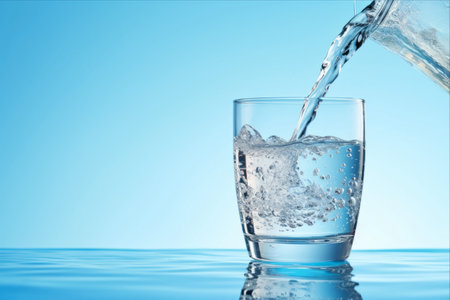 The Vital Importance of Daily Hydration: Fresh Water Pouring from Plastic Bottle into Glass on Blue Backgroundの素材
