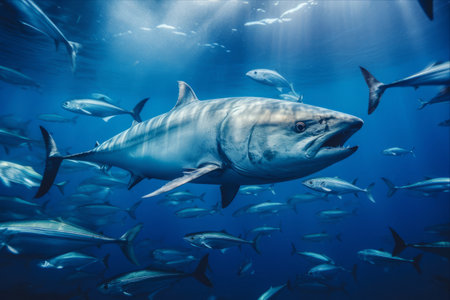 Captivating Underwater Snapshot: Spectacular School of Dogtooth Tuna Fish in the Vast Sea [AR 3:2]の素材