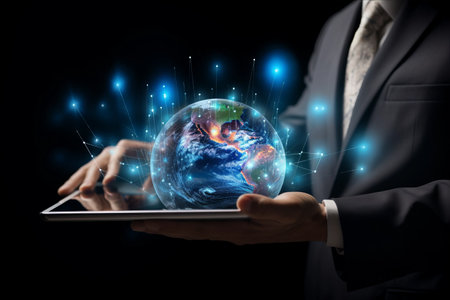 Exploring the World: Man's Connection to Earth and Technology Revealed on Tablet Screenの素材