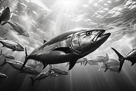 Captivating Underwater Snapshot: Behold a School of Dogtooth Tuna Fish in the Sea --ar 3:2の素材
