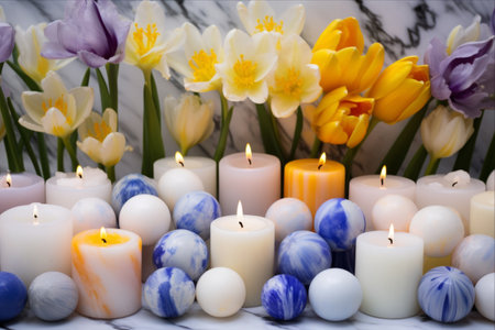 Bursts of Serenity: Delicate Bubble Candles and Spring Florals Dance on a Marble Boardの素材