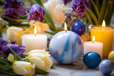 Serenity in Blooming Marble: A Delightful Display of Bubble Candles and Tulipsの素材