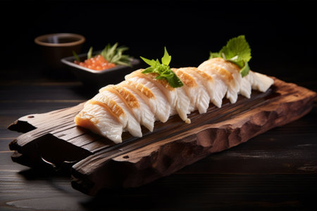 Classic White Fish Sushi Presentation on Elegant Wooden Board - A Captivating AR 3:2 Experienceの素材