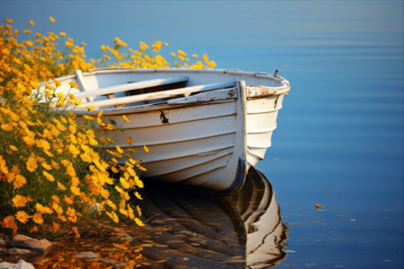 Serenity on the Shimmering Waves: A White Fishing Boat Amidst Breathtaking Yellow Bloomsの素材