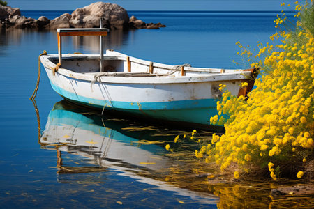 Sailing amidst Nature's Splendor: White Fishing Boat Adorned with Vibrant Yellow Flowers (AR 3:2)の素材