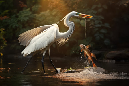 The Majestic White Heron: Mastering the Art of Fish Catching at the River - A Riveting 3:2 Storyの素材