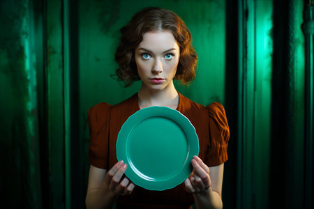 Enchanting Moment: A Woman Gracefully Holds a Plate with Rice and Ell, Surrounded by a Vibrant Green Curtain Background -- AR 3:2の素材