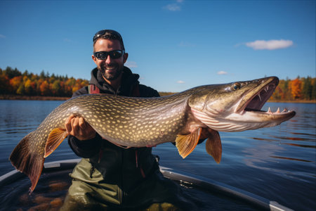 Proud Angler Poses with a Magnificent Northern Pike in Ontario, Canadaの素材