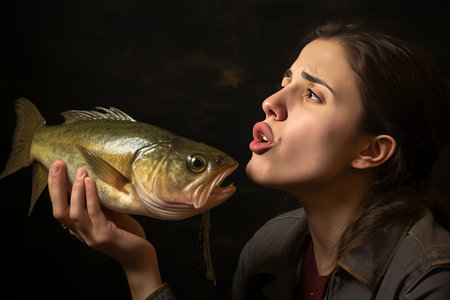 Foul Odor Assault: Woman Grimaces in Disgust as Stinky Fish Invades her Nostrilsの素材