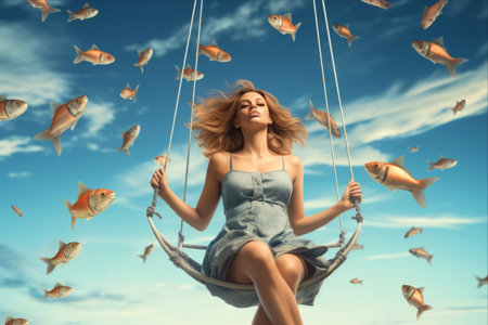 Surreal Summer Vibes: A Woman Swinging Over Fish-Filled Seas in a Mesmerizing Art Collageの素材