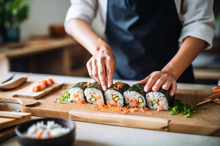 Sushi Mastery Unveiled: A Woman Creating a Perfect Roll at Homeの素材