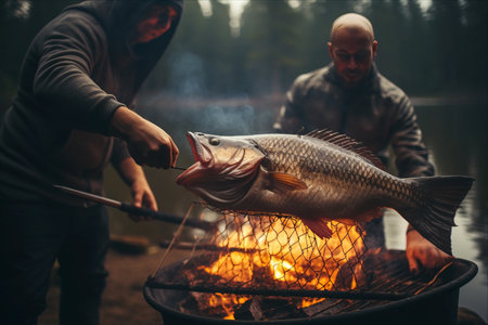 Cooking Up Friendship: Grill-Basket Fish Over the Campfire - AR 3:2の素材