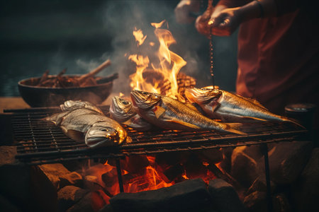 Fireside Feast: Savoring Freshly Grilled Fish with Friends around the Campfireの素材