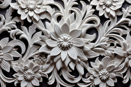 Elegance Unveiled: Gypsum Products' Intricate Patterns and Ornaments on a Striking Black Backgroundの素材